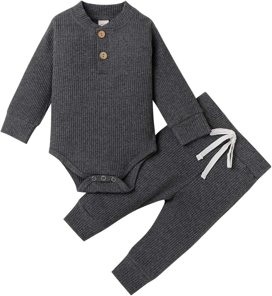 Winter Newborn Baby Boy Girl Clothes Set Ribbed Outfits Unisex Infant Solid Long Sleeve Tops Pants 2PCS