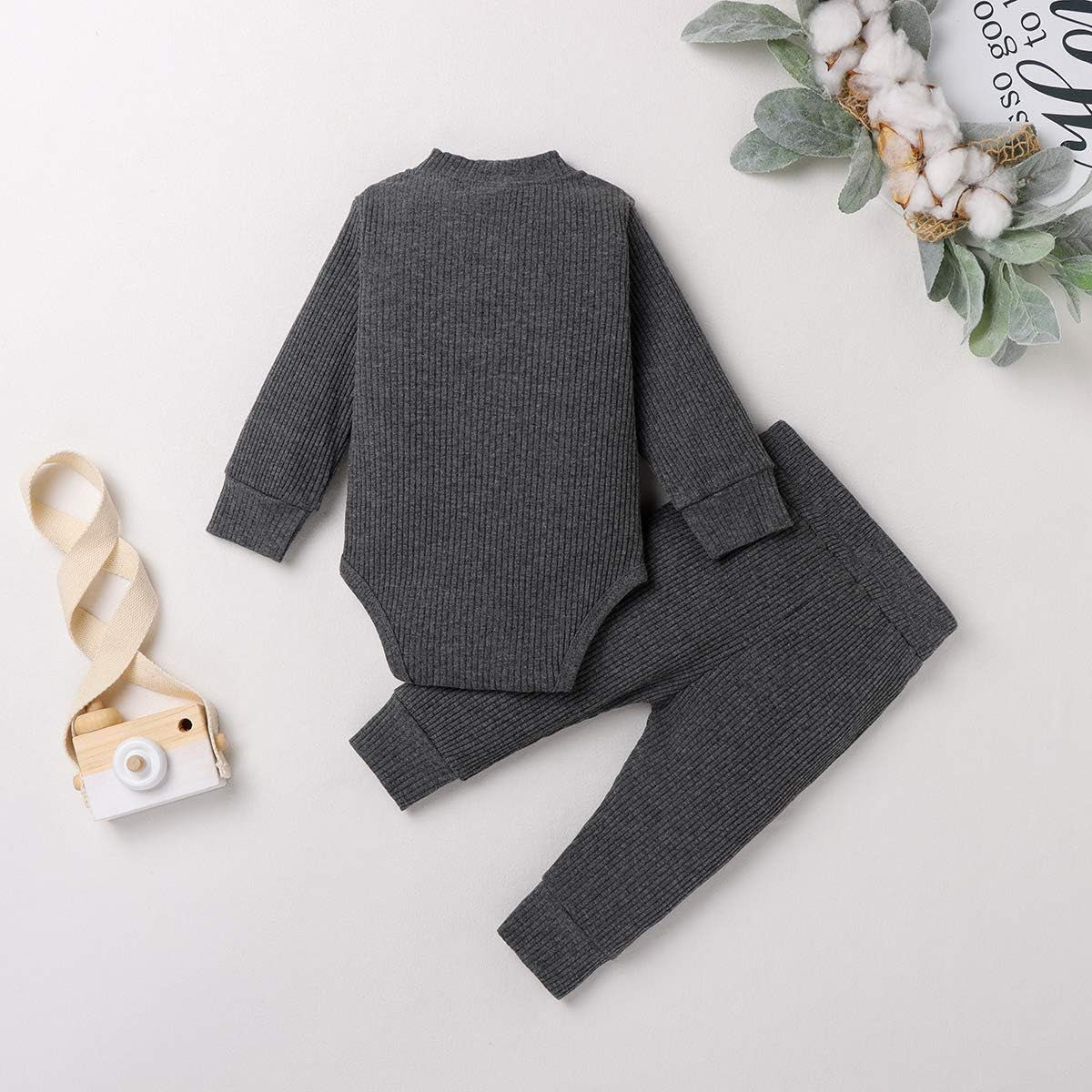 Winter Newborn Baby Boy Girl Clothes Set Ribbed Outfits Unisex Infant Solid Long Sleeve Tops Pants 2PCS